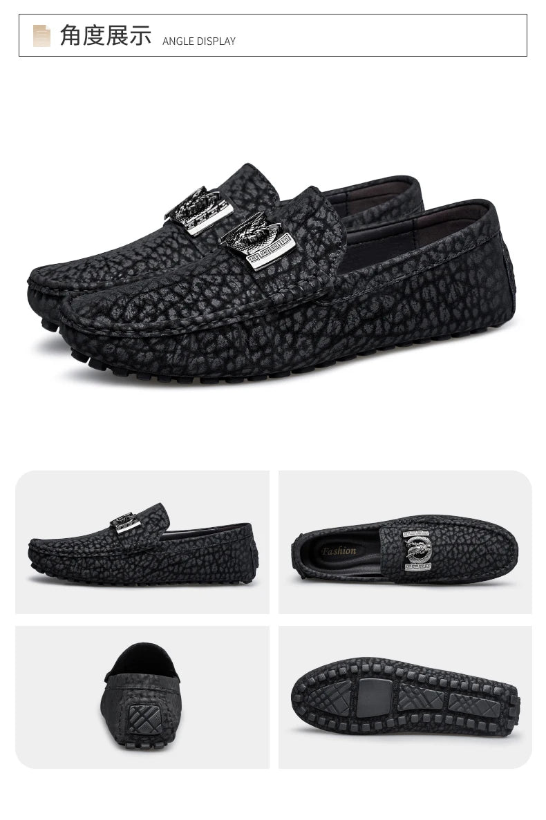 Designer Dragon Button Loafers Men's Comfortable Soft Bottom Black Fashion Flat Shoes Green Business Dress Driving Shoes for Man
