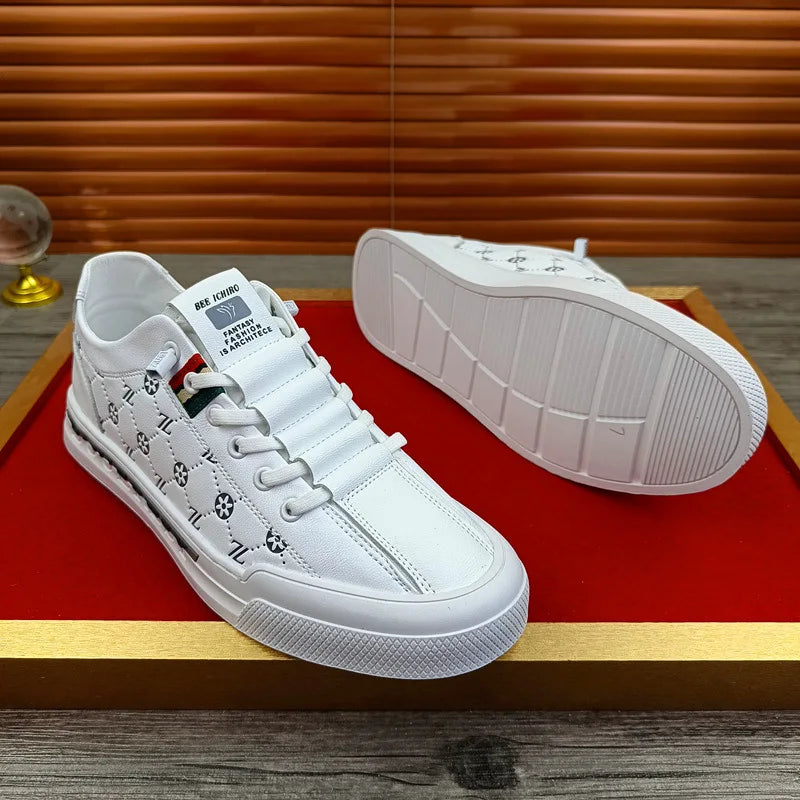 European New Shoes for Men Genuine Leather Casual Shoes Trend Print Flats Skateboard Shoes Youth Street Sneakers
