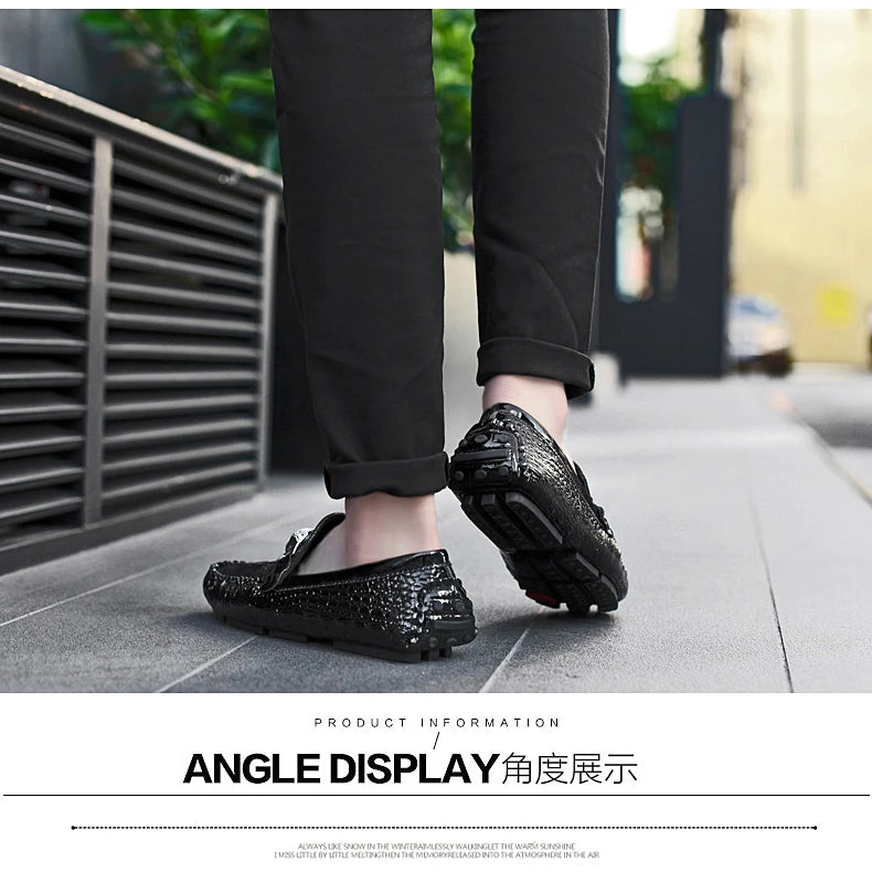 Slip-On Men's Shoes Crocodile Pattern 2025 Spring and Summer Fashion British Trendy Bright Leather Shiny Lazy Casual Beanie Shoes Handmade