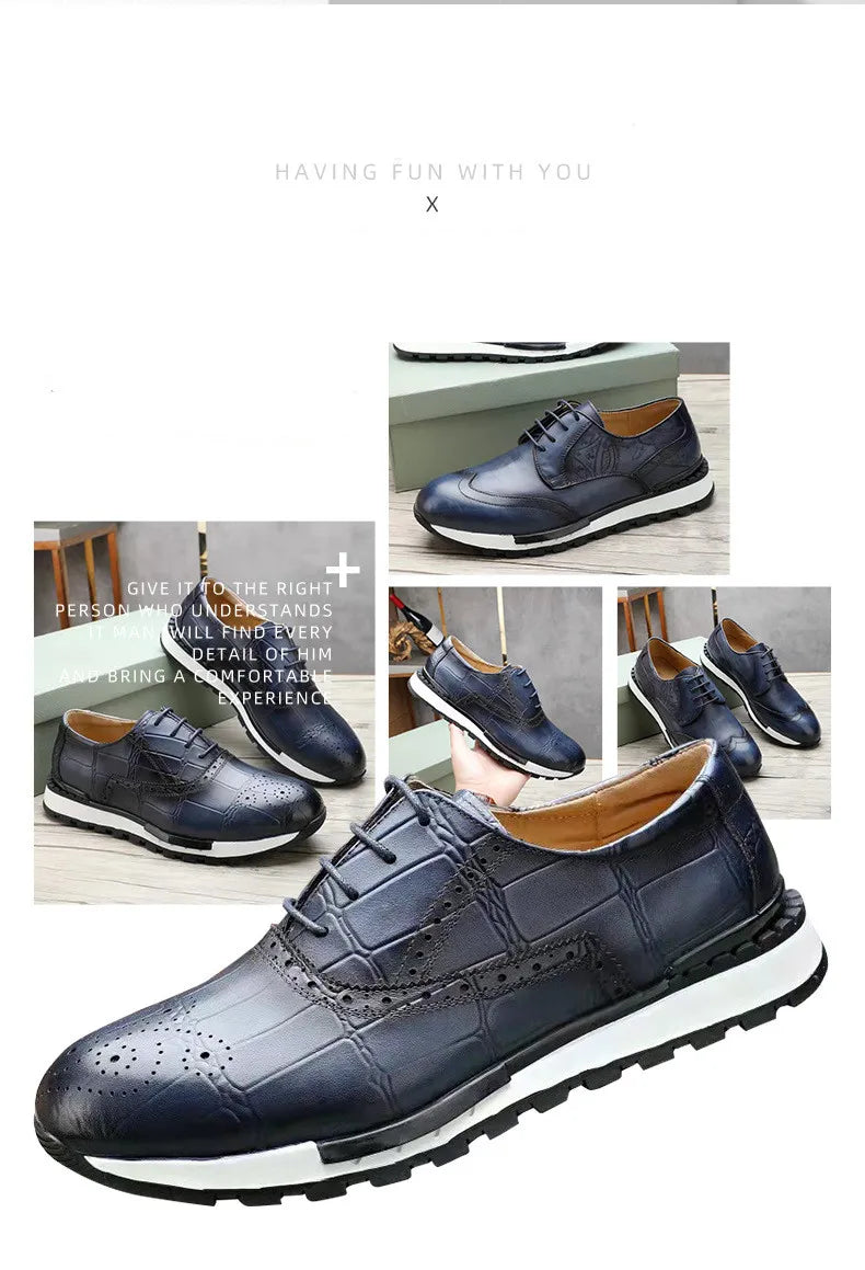Mens Sneaker Shoes Genuine Cow Leather Oxford Brogue Luxury Designer Lace Up Autumn Daily Casual Shoes for Men