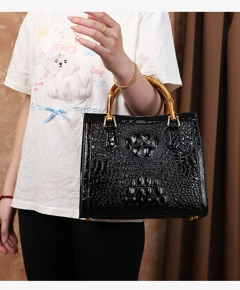 2025 New crocodile-patterned middle-aged mom bag, genuine bamboo joint handle handbag, high-end single-shoulder crossbody bag