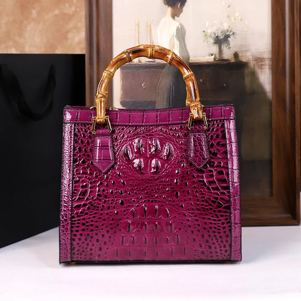 2025 New crocodile-patterned middle-aged mom bag, genuine bamboo joint handle handbag, high-end single-shoulder crossbody bag