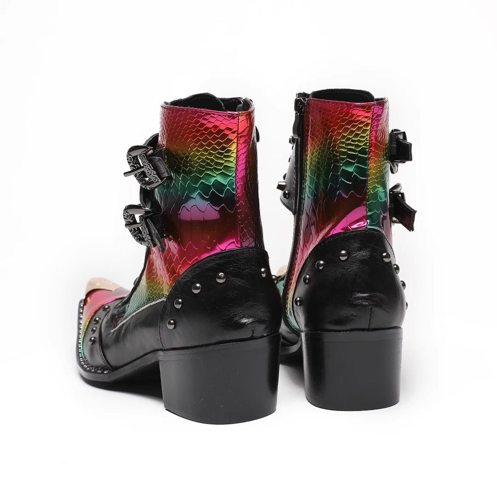 HS41 Handmade Cool Genuine Leather Ankle Men's Boots Pointed Toe Punk Motorcycle Black Boots for Man Big Sizes