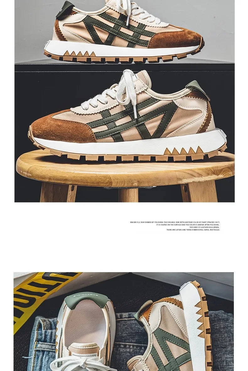 Men's classic running shoes with lace up flat bottom, sports soft sole, breathable walking canvas, Forrest Gump