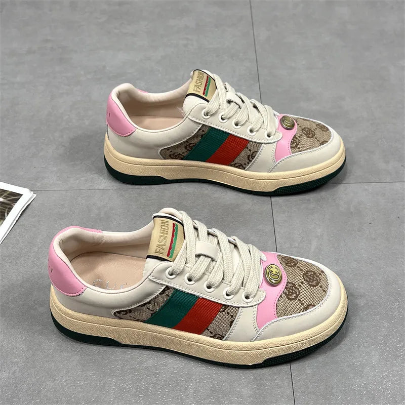 Hong Kong Women's Color Blo Board oes Spring Autumn New Thi Bot Genuine Leather Versatile White Sneakers Dir Sport...