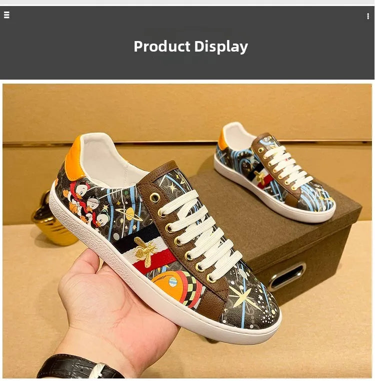 Faionable Casual oes Men's Leather Printed Flat Bot Sneakers Summer Season round Toe Rubber Outsole Glue-Welded Crt