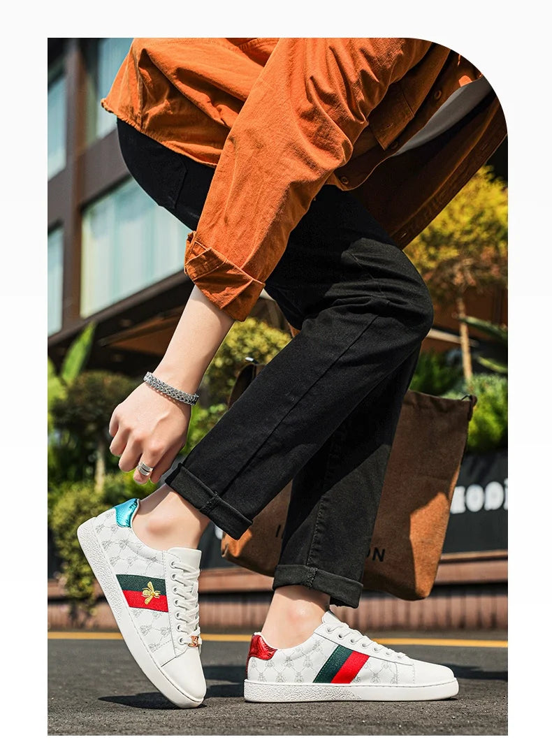 Brand Fashion Embroidered Bee Shoes Man Quality Genuine Leather Men's Skate Shoes Luxury Designer Sneakers zapatos de skateboard