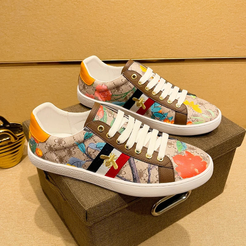 Faionable Casual oes Men's Leather Printed Flat Bot Sneakers Summer Season round Toe Rubber Outsole Glue-Welded Crt