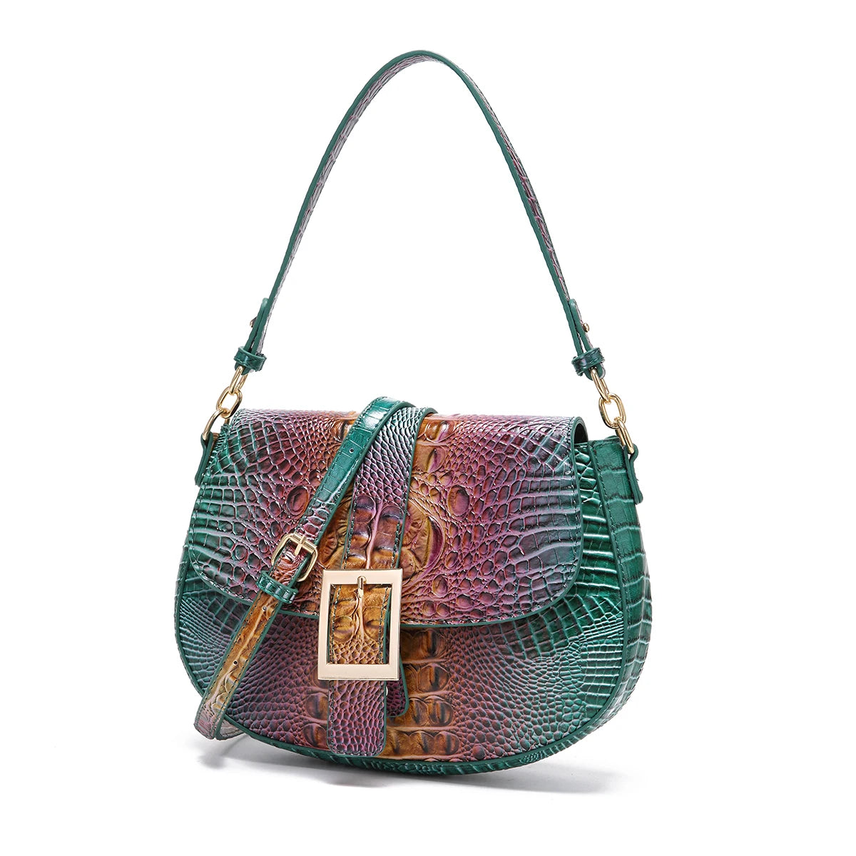 Saddle bag with large buckle and crocodile pattern, colorful underarm bag, single shoulder bag with shoulder strap and crossbody