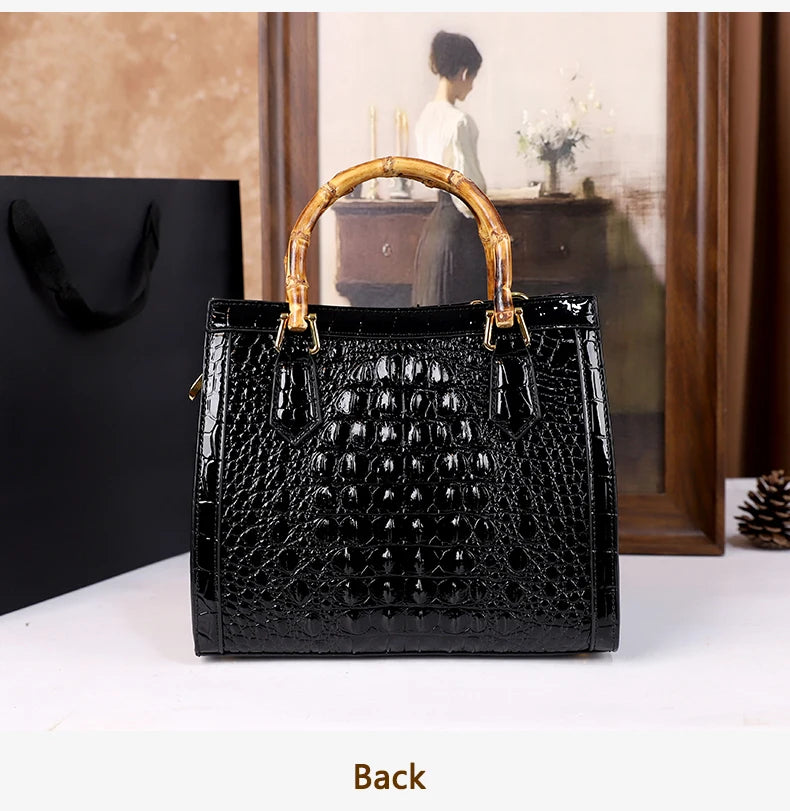 2025 New crocodile-patterned middle-aged mom bag, genuine bamboo joint handle handbag, high-end single-shoulder crossbody bag