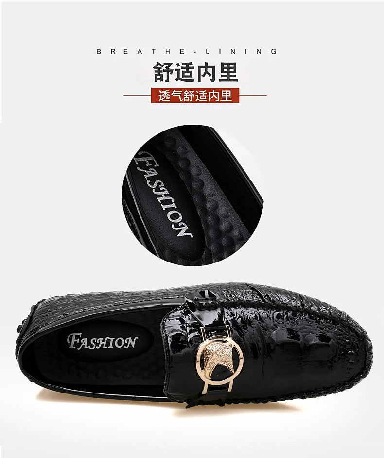 Slip-On Men's Shoes Crocodile Pattern 2025 Spring and Summer Fashion British Trendy Bright Leather Shiny Lazy Casual Beanie Shoes Handmade