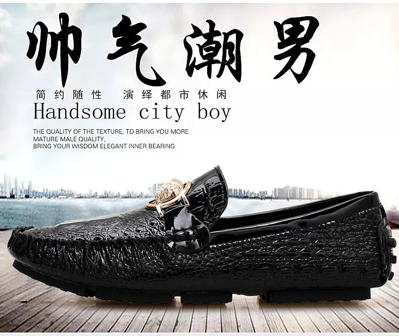 Slip-On Men's Shoes Crocodile Pattern 2025 Spring and Summer Fashion British Trendy Bright Leather Shiny Lazy Casual Beanie Shoes Handmade