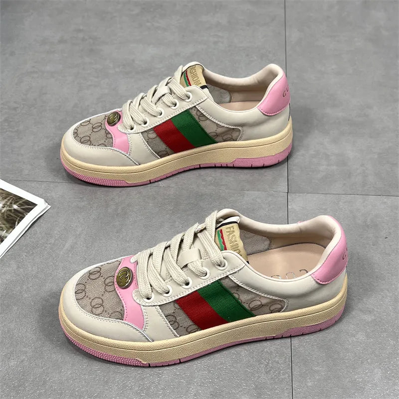 Hong Kong Women's Color Blo Board oes Spring Autumn New Thi Bot Genuine Leather Versatile White Sneakers Dir Sport...