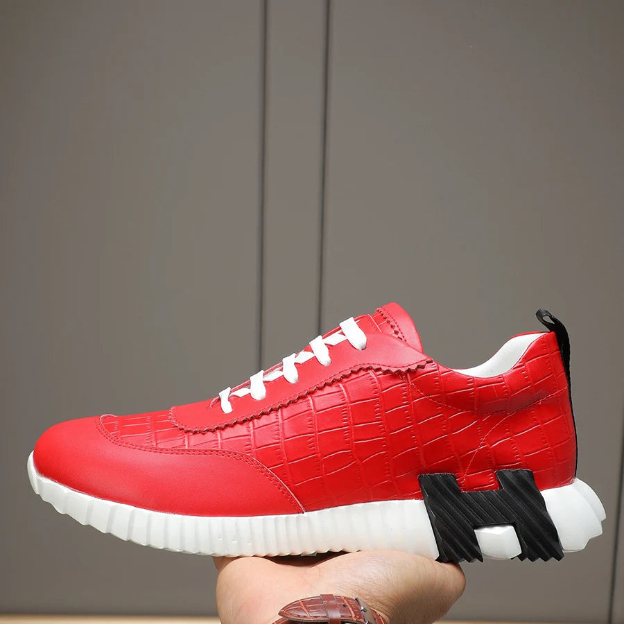 Bongjani Men's Breathable Red Leather Sport oes Casual Faionable All-Season Low-Top Stitched Rubber Sole round Toe oes