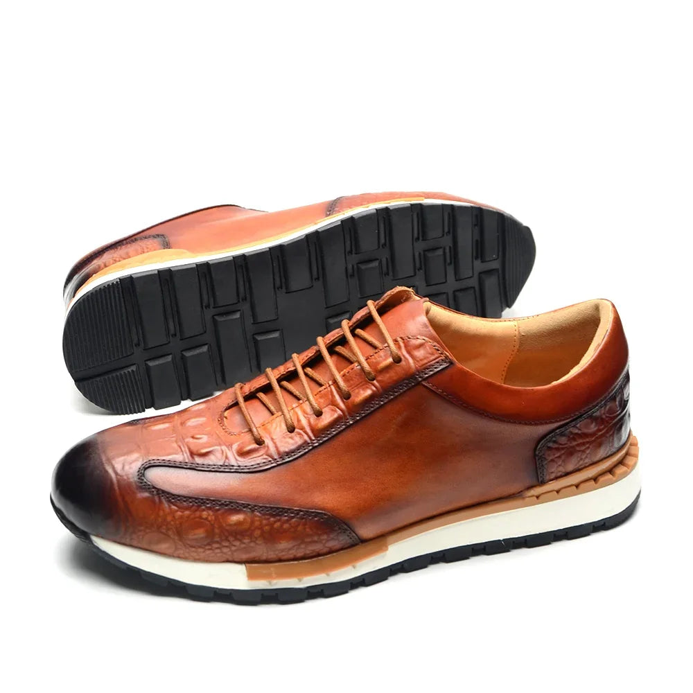 Men's Oxford Sneaker Cow Genuine Leather Crocodile Pattern Fashion Man Casual Shoes Lace-Up Business Office Walk Male Footwear