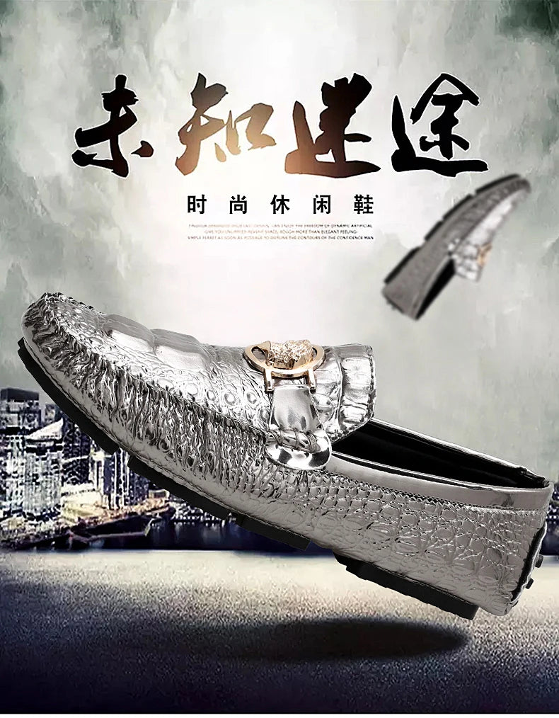Slip-On Men's Shoes Crocodile Pattern 2025 Spring and Summer Fashion British Trendy Bright Leather Shiny Lazy Casual Beanie Shoes Handmade