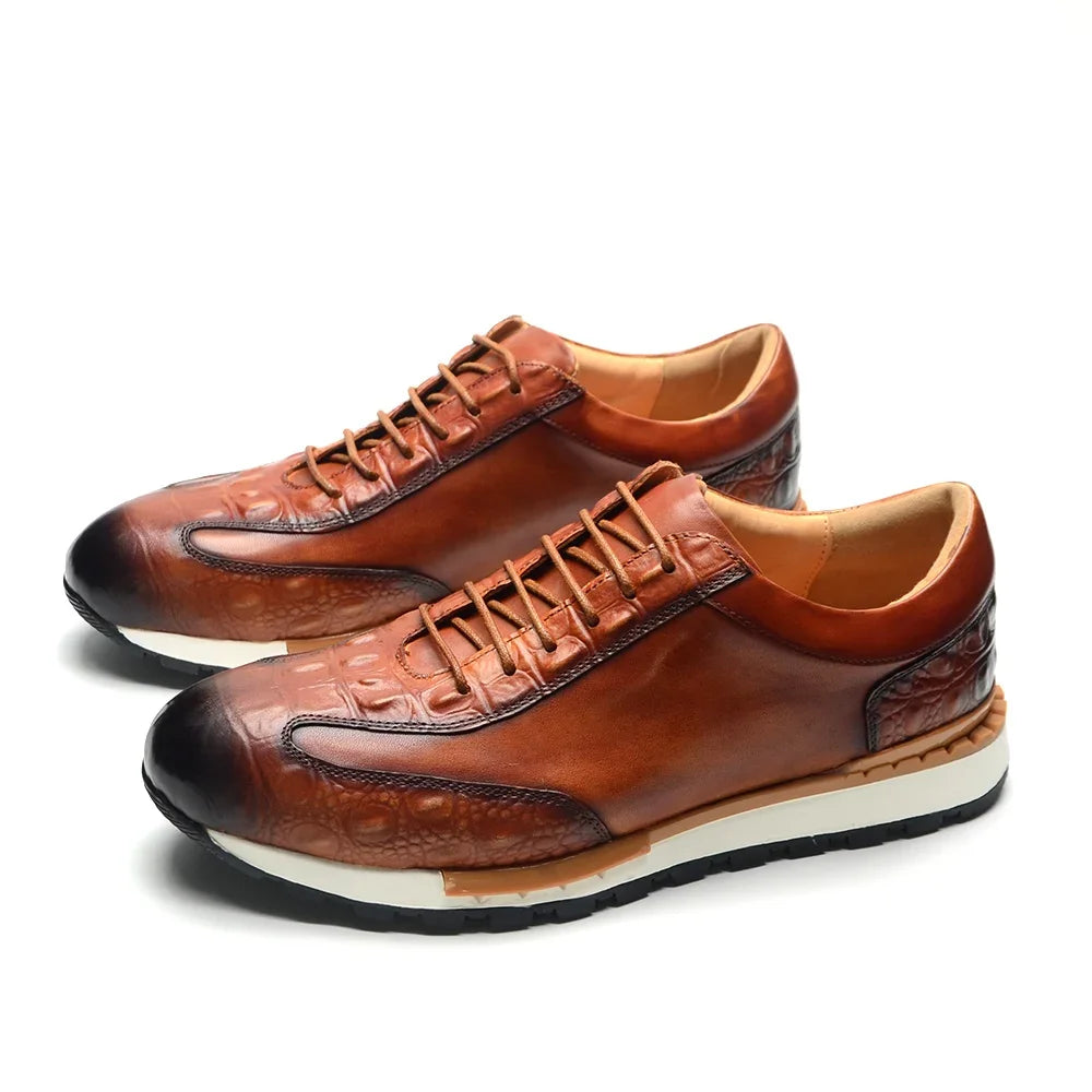 Men's Oxford Sneaker Cow Genuine Leather Crocodile Pattern Fashion Man Casual Shoes Lace-Up Business Office Walk Male Footwear