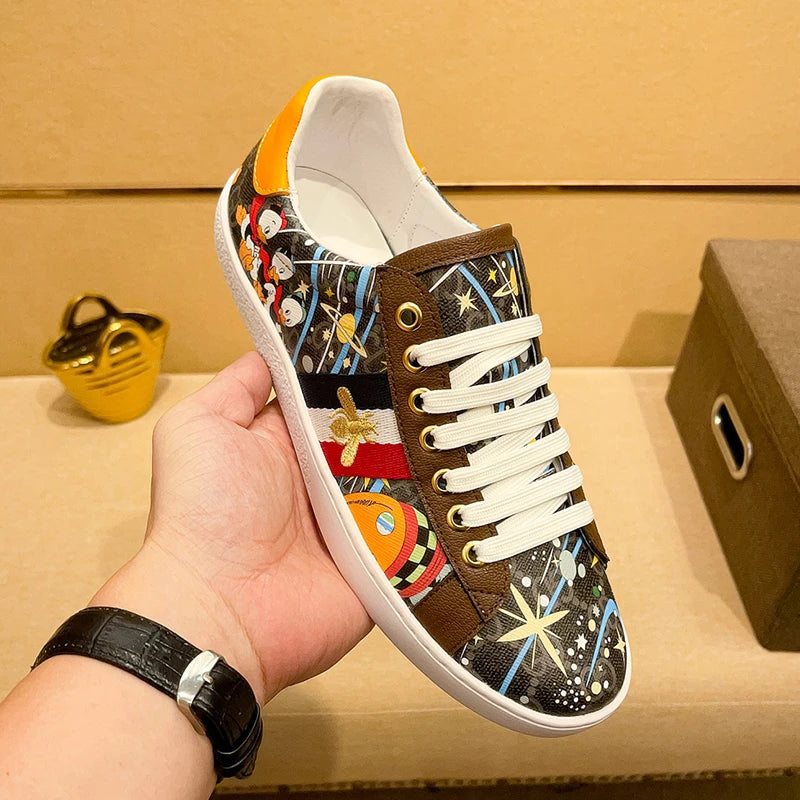 Faionable Casual oes Men's Leather Printed Flat Bot Sneakers Summer Season round Toe Rubber Outsole Glue-Welded Crt