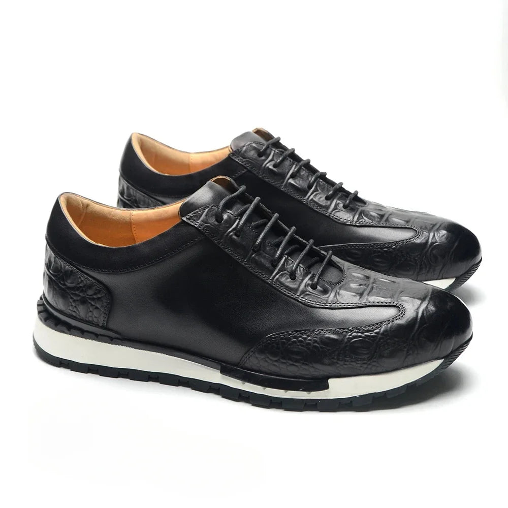Men's Oxford Sneaker Cow Genuine Leather Crocodile Pattern Fashion Man Casual Shoes Lace-Up Business Office Walk Male Footwear