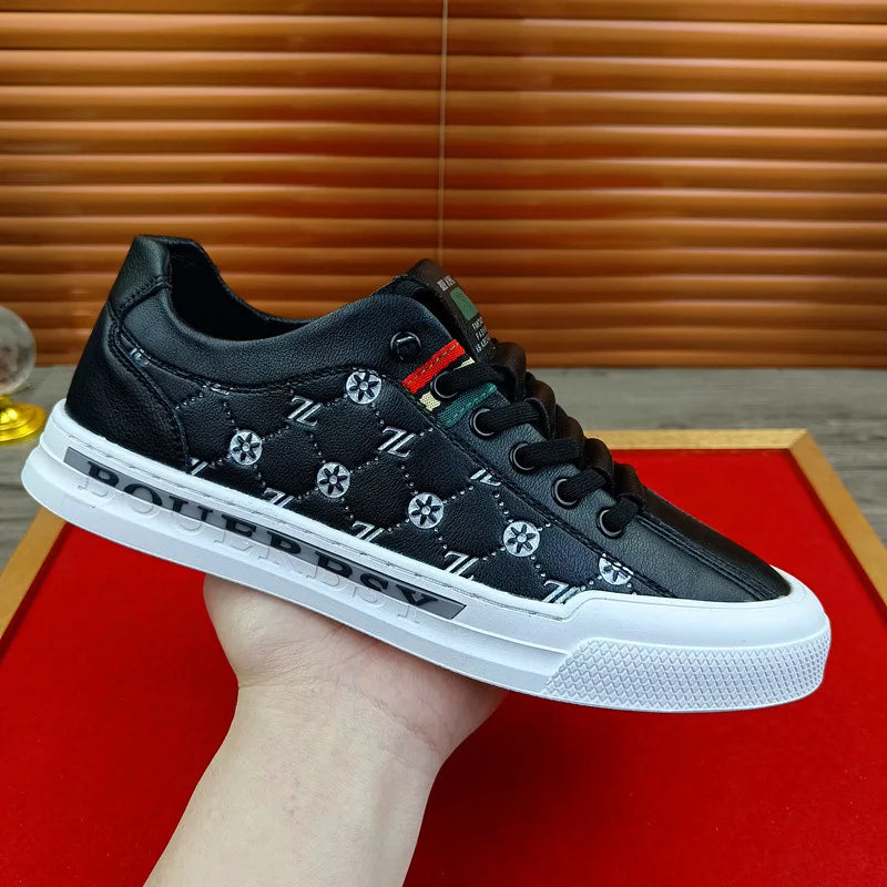 European New Shoes for Men Genuine Leather Casual Shoes Trend Print Flats Skateboard Shoes Youth Street Sneakers