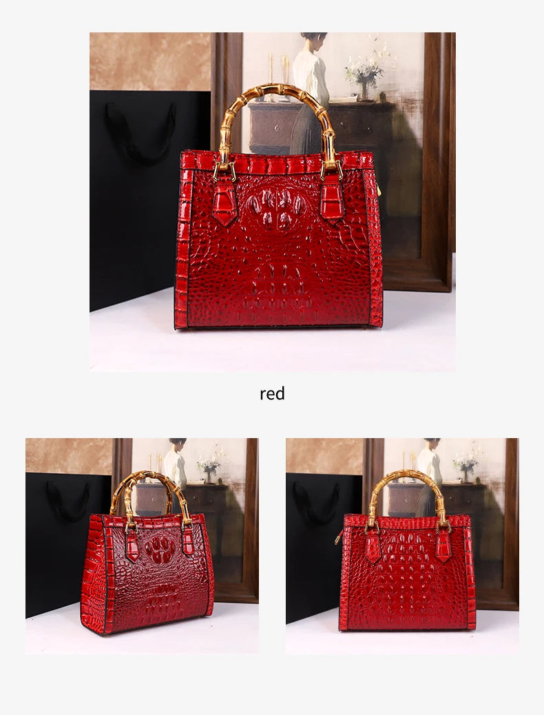 2025 New crocodile-patterned middle-aged mom bag, genuine bamboo joint handle handbag, high-end single-shoulder crossbody bag
