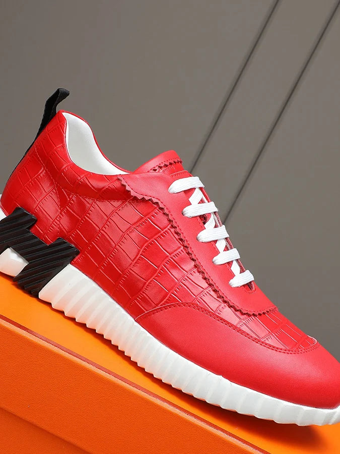 Bongjani Men's Breathable Red Leather Sport oes Casual Faionable All-Season Low-Top Stitched Rubber Sole round Toe oes