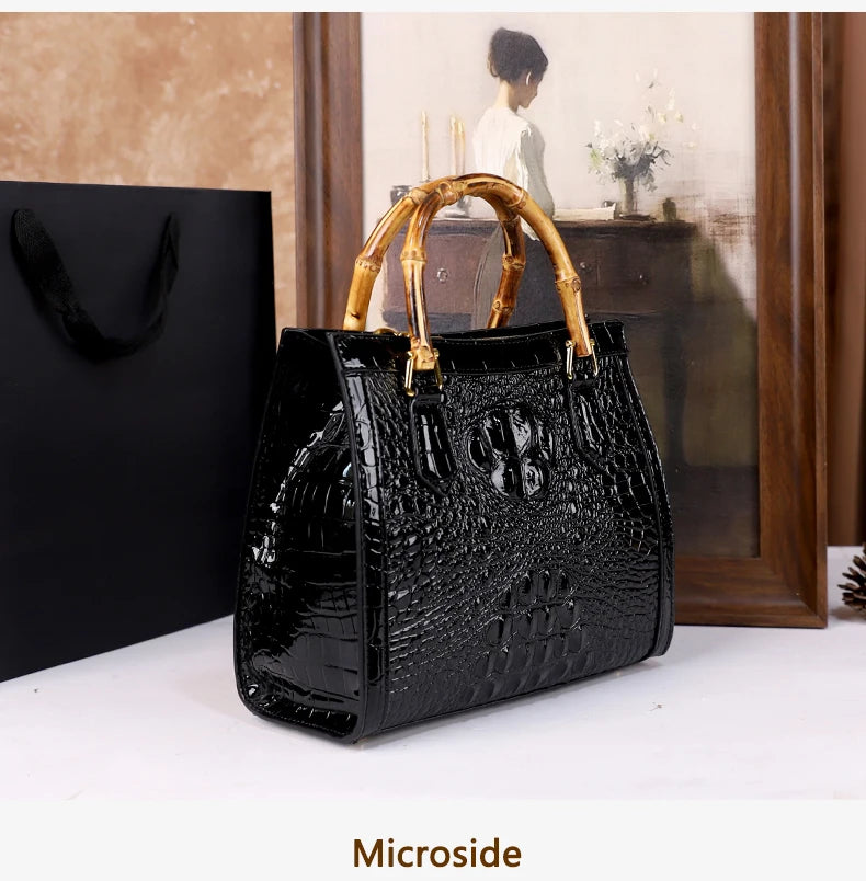 2025 New crocodile-patterned middle-aged mom bag, genuine bamboo joint handle handbag, high-end single-shoulder crossbody bag