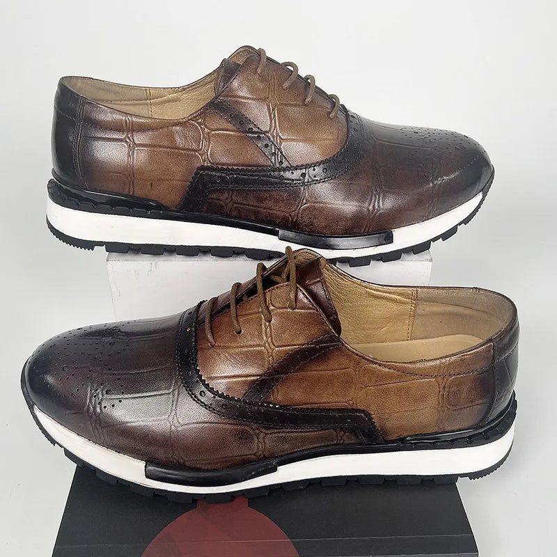 Mens Sneaker Shoes Genuine Cow Leather Oxford Brogue Luxury Designer Lace Up Autumn Daily Casual Shoes for Men