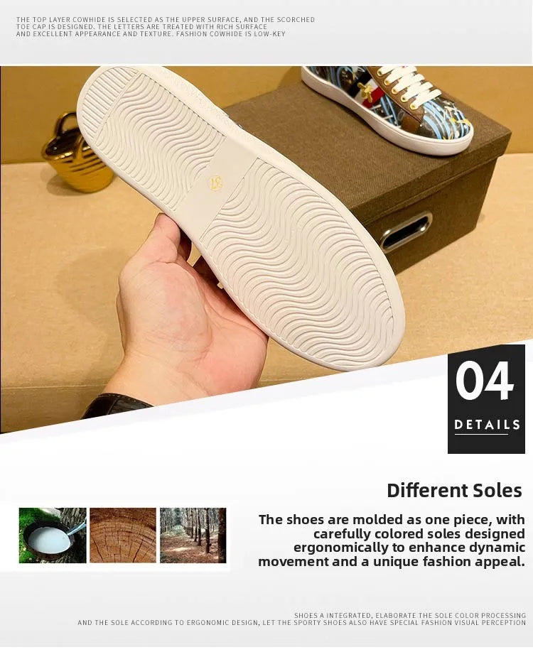 Faionable Casual oes Men's Leather Printed Flat Bot Sneakers Summer Season round Toe Rubber Outsole Glue-Welded Crt