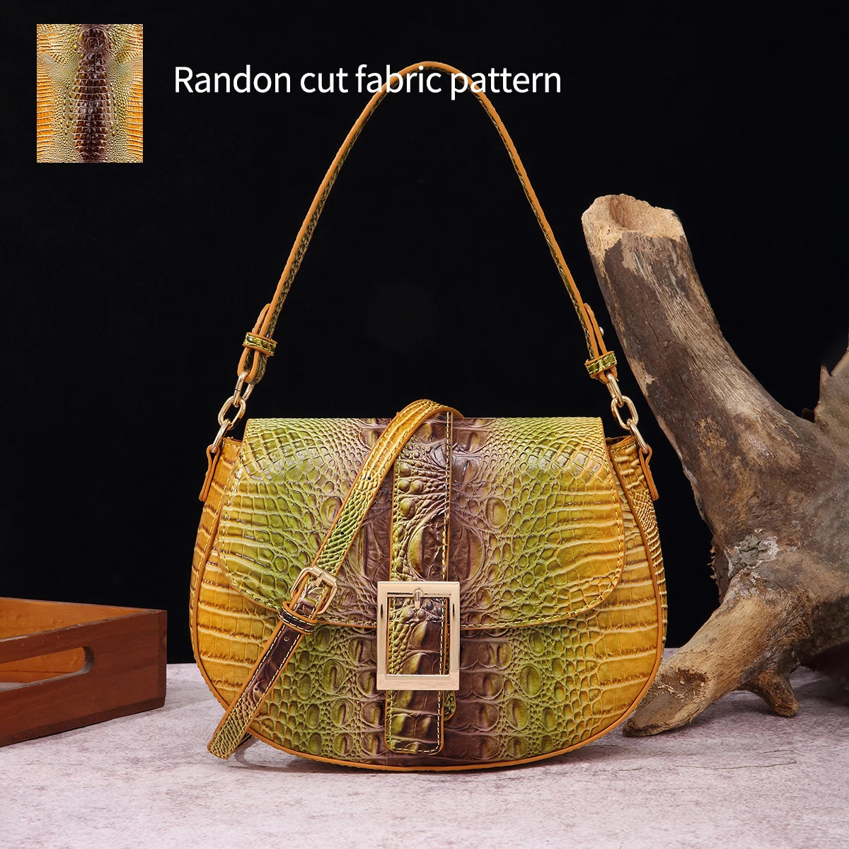 Saddle bag with large buckle and crocodile pattern, colorful underarm bag, single shoulder bag with shoulder strap and crossbody