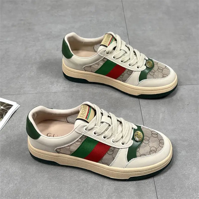 Hong Kong Women's Color Blo Board oes Spring Autumn New Thi Bot Genuine Leather Versatile White Sneakers Dir Sport...