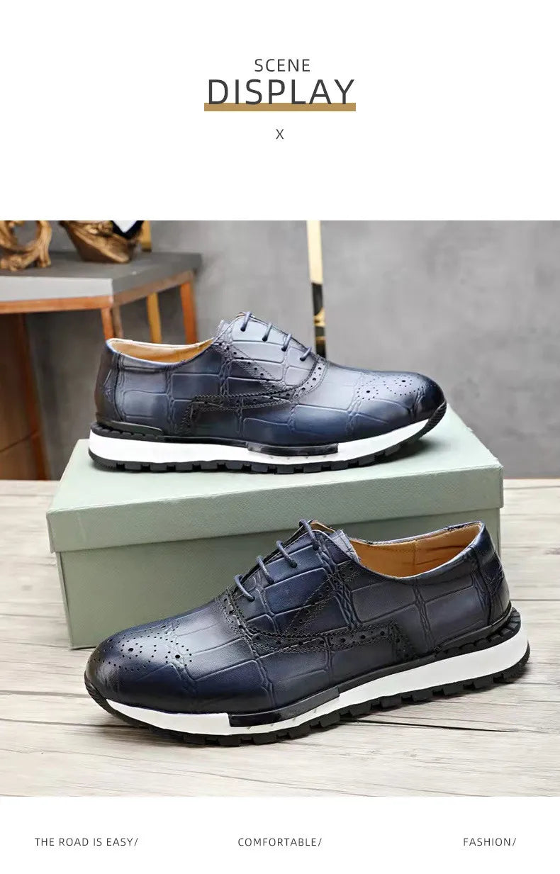 Mens Sneaker Shoes Genuine Cow Leather Oxford Brogue Luxury Designer Lace Up Autumn Daily Casual Shoes for Men