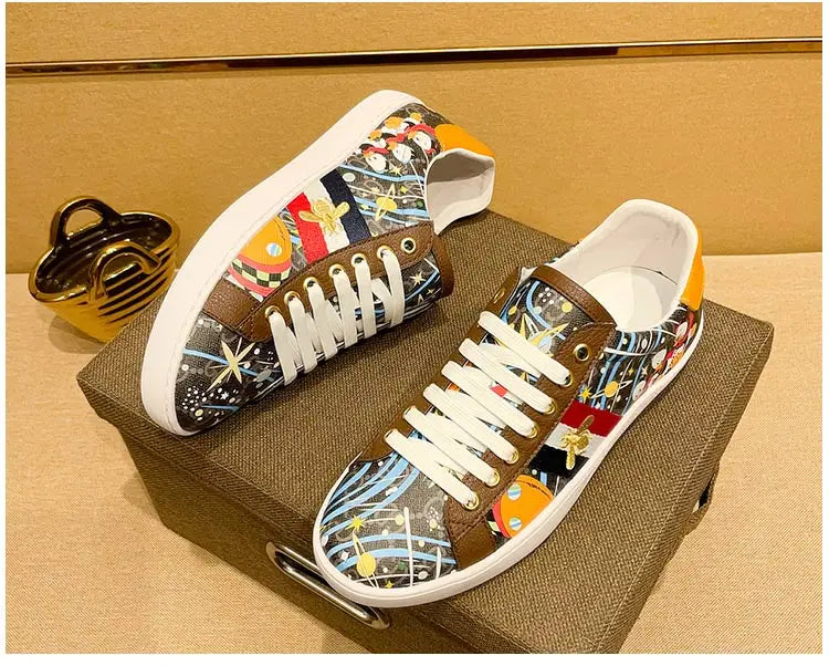 Faionable Casual oes Men's Leather Printed Flat Bot Sneakers Summer Season round Toe Rubber Outsole Glue-Welded Crt