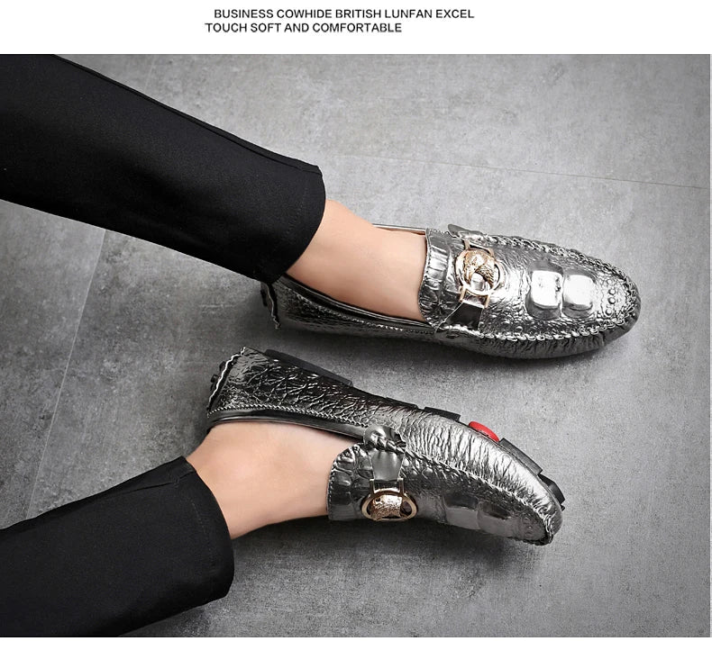 Slip-On Men's Shoes Crocodile Pattern 2025 Spring and Summer Fashion British Trendy Bright Leather Shiny Lazy Casual Beanie Shoes Handmade