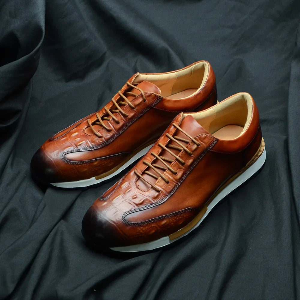Men's Oxford Sneaker Cow Genuine Leather Crocodile Pattern Fashion Man Casual Shoes Lace-Up Business Office Walk Male Footwear
