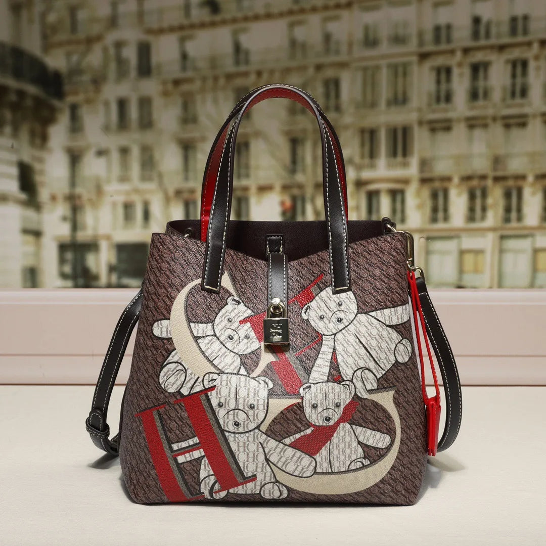 Street Style Bucket Bag Women's Crossbody Handbag PU Material Medium Size Printed Element Autumn Winter Fashion Tote Bag