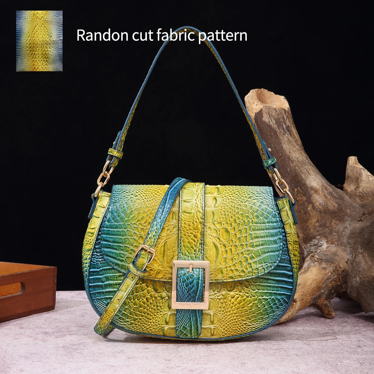 Saddle bag with large buckle and crocodile pattern, colorful underarm bag, single shoulder bag with shoulder strap and crossbody
