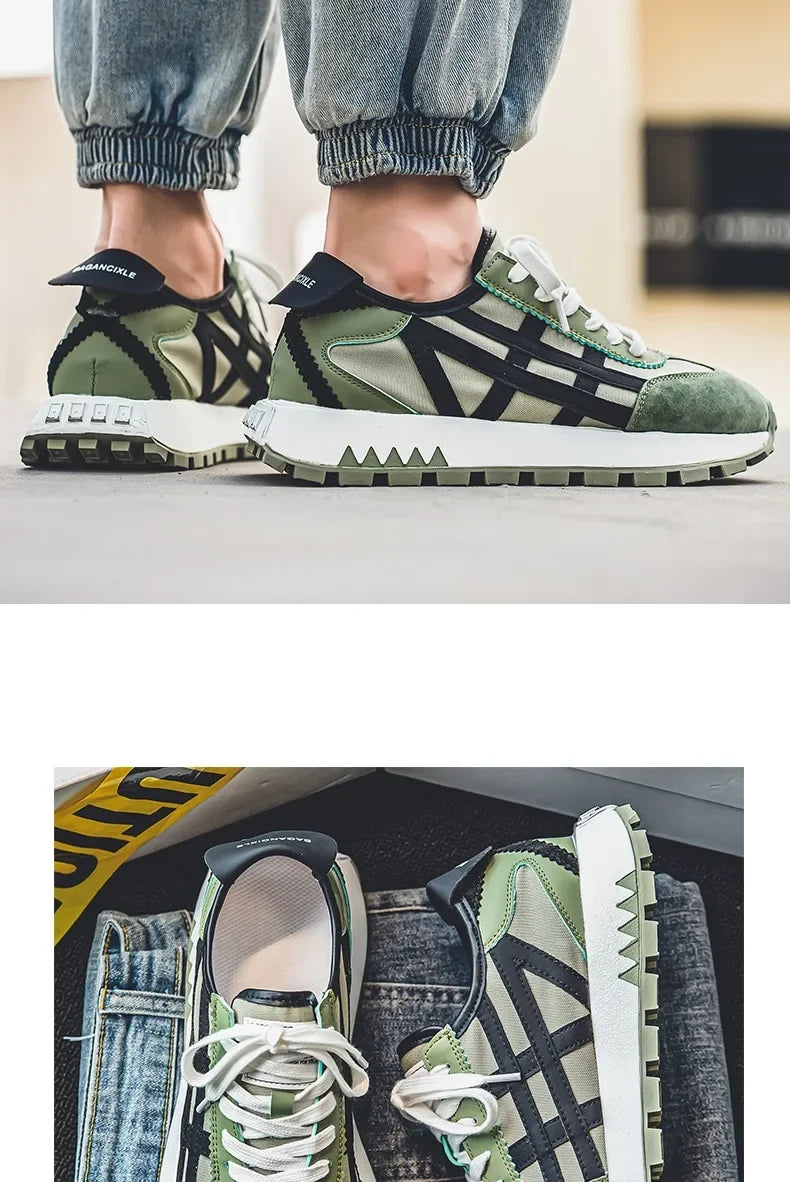 Men's classic running shoes with lace up flat bottom, sports soft sole, breathable walking canvas, Forrest Gump