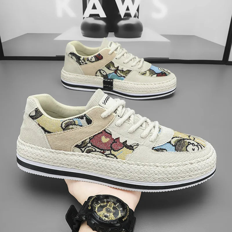 Men's Canvas Shoes Summer Breathable Sports Casual Work Shoes Soft Bottom Wear-resistant Corduroy Loafers Flat Rubber Sole