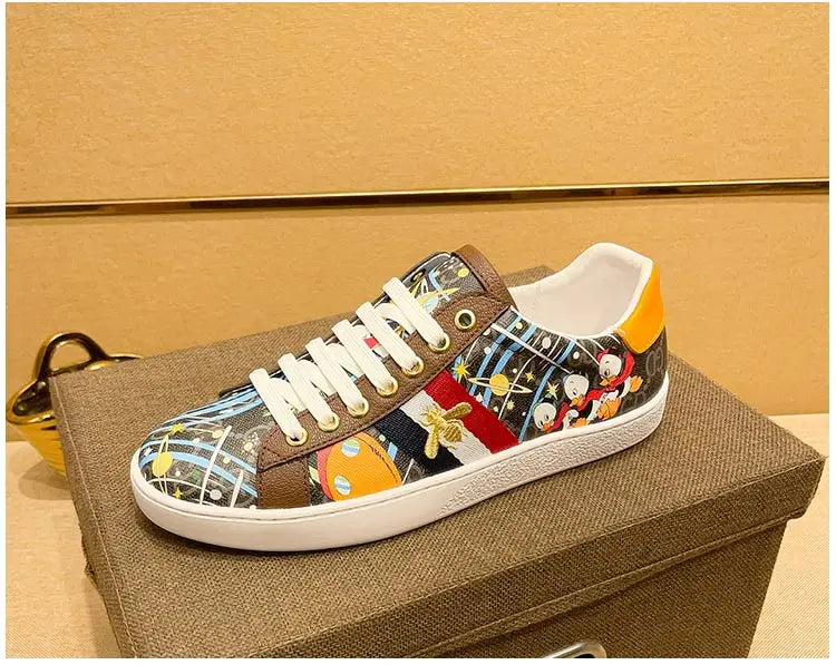 Faionable Casual oes Men's Leather Printed Flat Bot Sneakers Summer Season round Toe Rubber Outsole Glue-Welded Crt