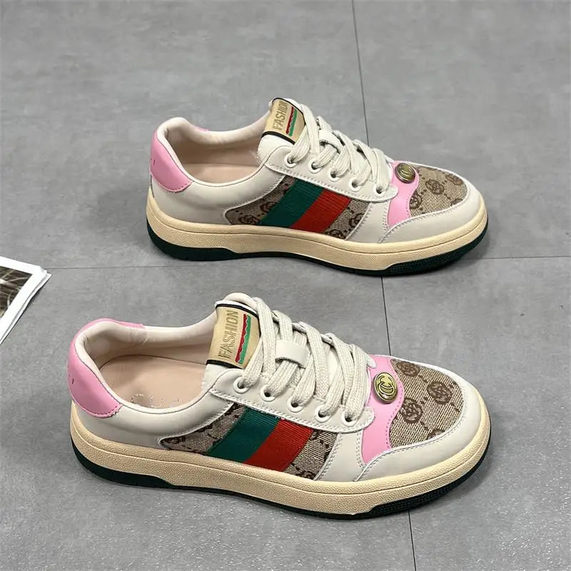 Hong Kong Women's Color Blo Board oes Spring Autumn New Thi Bot Genuine Leather Versatile White Sneakers Dir Sport...