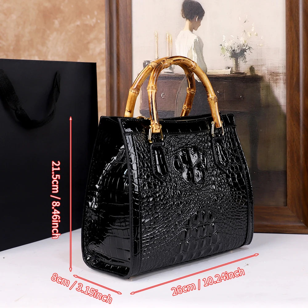 2025 New crocodile-patterned middle-aged mom bag, genuine bamboo joint handle handbag, high-end single-shoulder crossbody bag