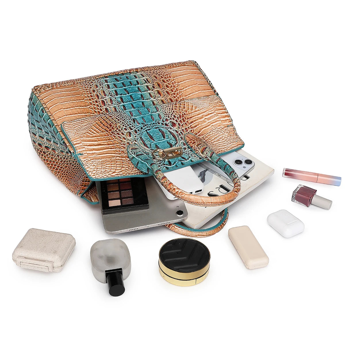 Crocodile Pattern Handbag & Purses Set, Multi-functional Vintage Top Handle Crossbody Bag & Business Clutch Bag & Card Coi