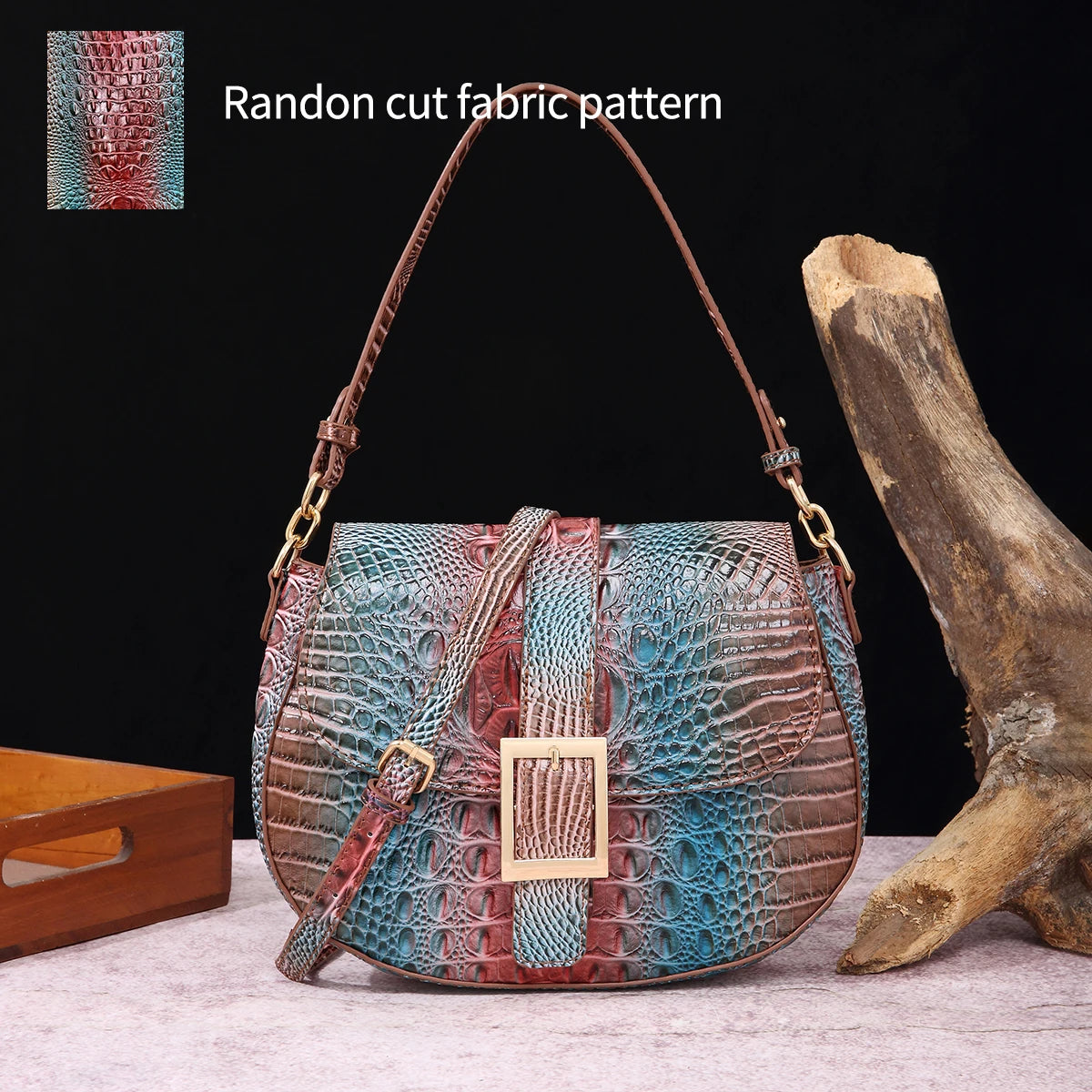Saddle bag with large buckle and crocodile pattern, colorful underarm bag, single shoulder bag with shoulder strap and crossbody