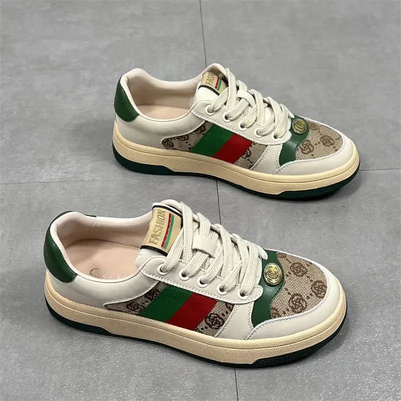 Hong Kong Women's Color Blo Board oes Spring Autumn New Thi Bot Genuine Leather Versatile White Sneakers Dir Sport...