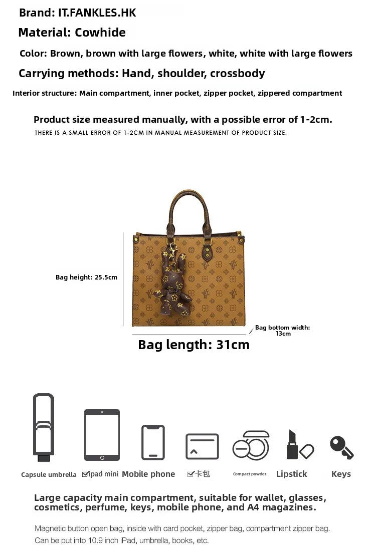 Hong Kong Genuine Leather Handbag Women's Hot Sale Of The Season New Summer Tote Bag Large Capacity Crossbody Bag for Daily Use