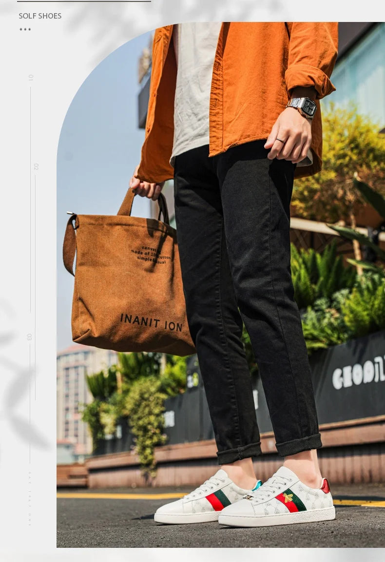 Brand Fashion Embroidered Bee Shoes Man Quality Genuine Leather Men's Skate Shoes Luxury Designer Sneakers zapatos de skateboard