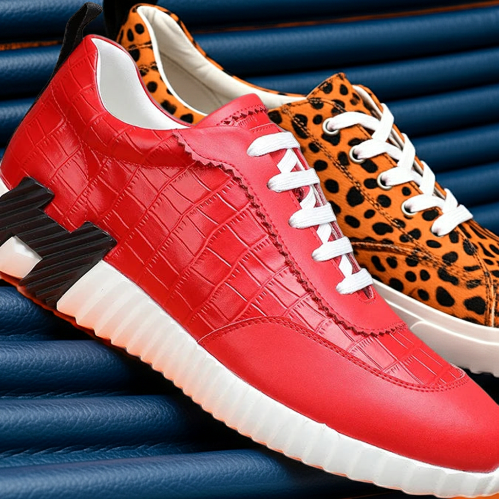Bongjani Men's Breathable Red Leather Sport oes Casual Faionable All-Season Low-Top Stitched Rubber Sole round Toe oes